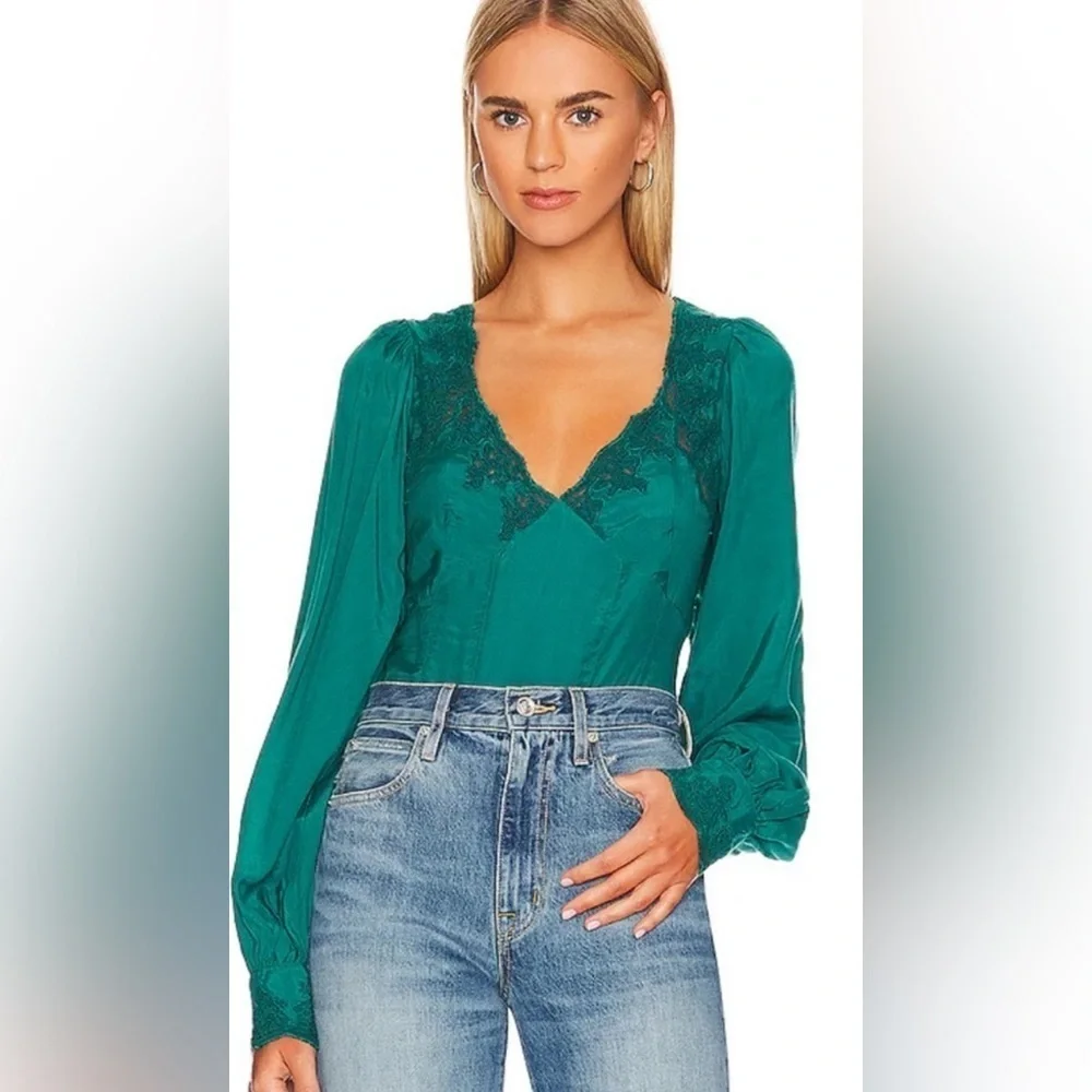 New Free People Janelle Lace Top in Green Jade SZ S 🔥🔥🔥